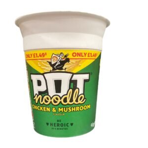 Home Front view of a green and yellow Pot Noodle Chicken and Mushroom flavour cup with a Price Marked Pack label of £1.49.