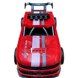 A sleek red Racing Series toy car with black racing stripes, low-profile tires, and realistic aerodynamic bodywork, displayed in its "Welcome to my World" retail packaging.