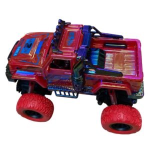 Side view of a red high-speed electric toy car featuring gilded metallic accents, red textured monster truck tires, and realistic racing decals.