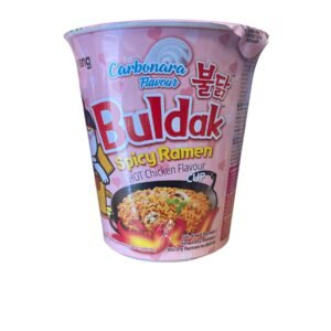 Home Pink cup of Samyang Buldak Carbonara Flavor Spicy Ramen with heart patterns and Halal certification logo.