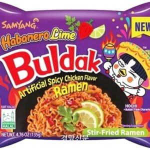 Individual 135g purple packet of Samyang Buldak Habanero Lime Hot Chicken Ramen with Hochi mascot.