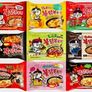 A 3x3 grid showing nine different flavors of Samyang Buldak Hot Chicken Ramen packaging, including Carbonara, Cheese, Jjajang, and Kimchi.