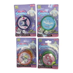 An assortment of four Sanrio Super Yoyos in purple, light blue, orange, and green featuring Kuromi, Cinnamoroll, and My Melody characters.