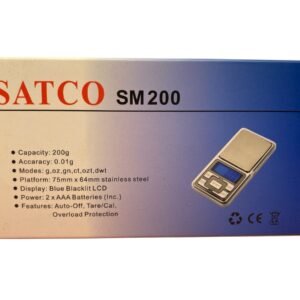 A SATCO SM-200 digital scale with a stainless steel weighing platform and a blue backlit LCD screen showing a 0.01g reading.