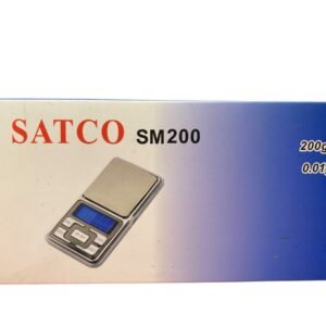 A SATCO SM-200 digital scale with a stainless steel weighing platform and a blue backlit LCD screen showing a 0.01g reading.