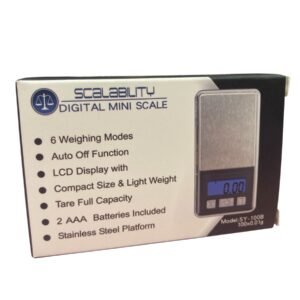 A compact silver Scale Ability SY-100B digital mini scale showing a precision reading of 0.01g on a backlit LCD screen.