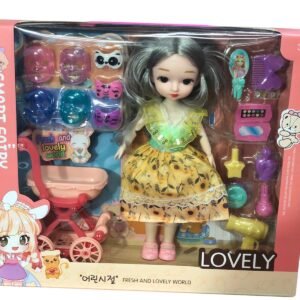 Smart Fairy doll with grey hair and a yellow sunflower dress, packaged with a pink toy stroller, colorful face masks, and beauty tools.