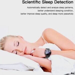 A woman sleeping peacefully while wearing a black Yesido smartwatch that features scientific sleep detection and pattern analysis.