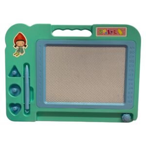 Teal magnetic drawing board for kids with a honeycomb screen, three blue shaped stamps, a drawing pen, and a built-in carrying handle.