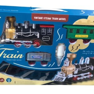 Vintage steam train model set in a blue box, featuring a black and gold locomotive, a green passenger car, and a grey shipping car.