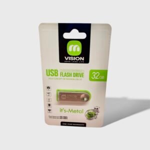 A Vision brand 32GB metal USB 3.0 flash drive in retail packaging, featuring super speed performance and a 1-year warranty.