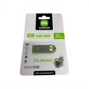 A Vision brand 32GB metal USB 3.0 flash drive in retail packaging, featuring super speed performance and a 1-year warranty.