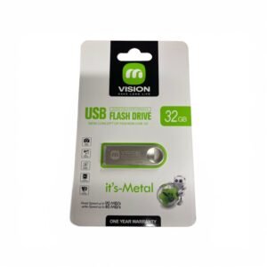 A Vision brand 32GB metal USB 3.0 flash drive in retail packaging, featuring super speed performance and a 1-year warranty.