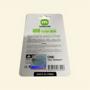 A Vision brand 32GB metal USB 3.0 flash drive in retail packaging, featuring super speed performance and a 1-year warranty.
