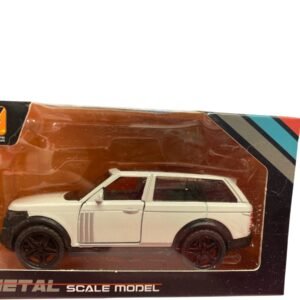 Side view of a white die-cast alloy SUV model car featuring black tinted windows, realistic sport rims, and a detailed interior.