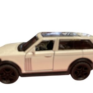 Side view of a white die-cast alloy SUV model with black tinted windows and high-performance tires.