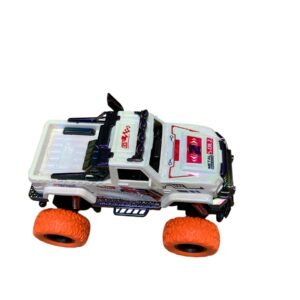 Side view of a white high-speed electric toy car featuring gilded metallic accents, red textured monster truck tires, and realistic racing decals.