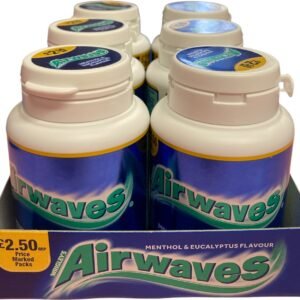 A dark blue retail display tray containing six bottles of Wrigley's Airwaves Menthol and Eucalyptus sugar-free gum with a £2.50 Price Marked Pack label.