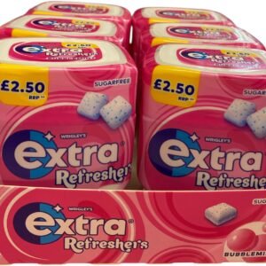 Retail display tray of six pink bottles of Wrigley's Extra Refreshers Bubblemint sugar-free gum with a £2.50 RRP price mark on each unit.