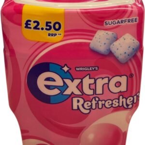 Front view of a pink Wrigley's Extra Refreshers Bubblemint sugar-free gum bottle with two cubical gum pieces shown and a £2.50 RRP price mark.