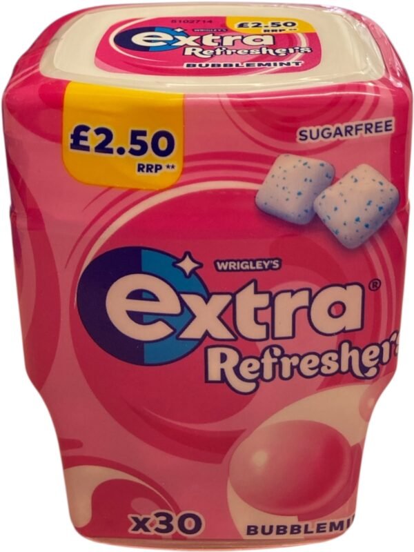 Front view of a pink Wrigley's Extra Refreshers Bubblemint sugar-free gum bottle with two cubical gum pieces shown and a £2.50 RRP price mark.