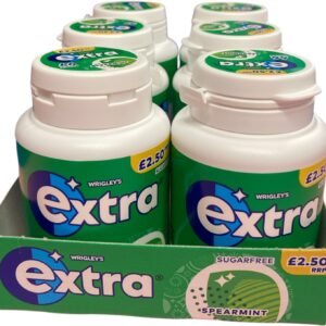 A green cardboard retail display tray containing six bottles of Wrigley's Extra Spearmint sugar-free gum with £2.50 RRP price markings