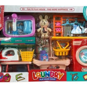 Xinyindai Laundry Play Set featuring a red toy washing machine, a bunny figure, a pink sink, an iron with an ironing board, and various laundry detergent accessories.
