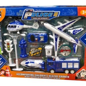 Police-themed toy set by Xinyindai featuring a blue helicopter, white airplane, fire truck, police car, and city street accessories like a traffic light and hydrant.