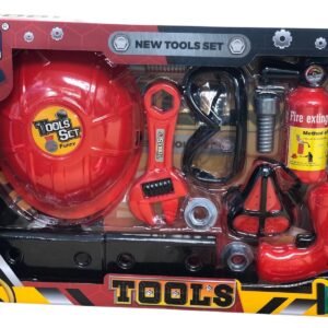 Children's construction tool play set in red and black, featuring a toy hard hat, power drill, wrench, goggles, and fire extinguisher.