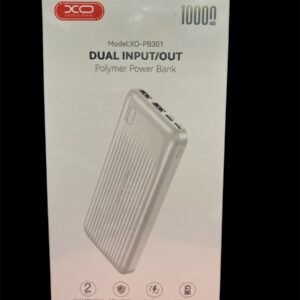 A slim white XO PB301 10000mAh power bank featuring a digital LED display and dual USB charging ports.