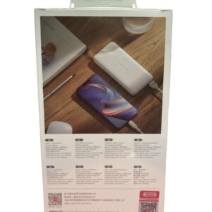 A slim white XO PB301 10000mAh power bank featuring a digital LED display and dual USB charging ports.