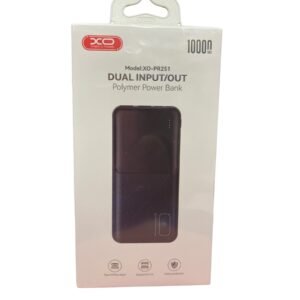 A compact black XO-PR251 portable charger showing dual USB-A output ports and a digital power indicator.