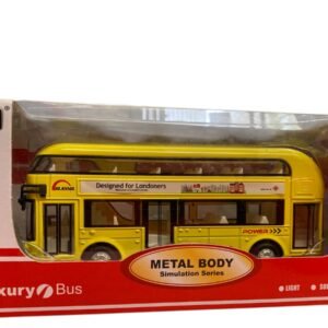 Yellow London double-decker toy bus featuring a premium metal body, realistic decals, and interactive light and sound buttons.