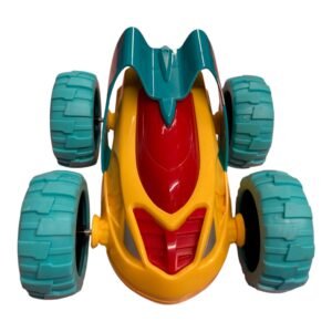 A yellow and red inertia-powered off-road toy car with large teal textured tires and a sleek aerodynamic top shell, shown from a front-angle view.