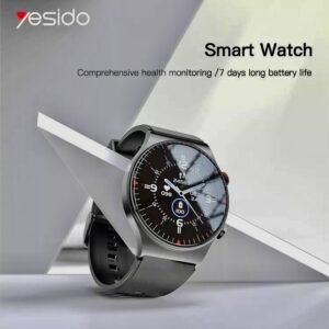 Yesido smart watch with a circular face and black strap displayed on a modern geometric stand, featuring 7 days of battery life