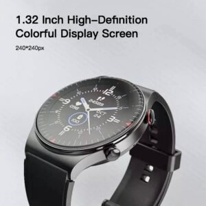 Side profile of a circular black smartwatch with a 1.32-inch high-definition colorful display, featuring a 240 by 240 pixel resolution and two side buttons.