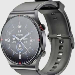 High-resolution view of a circular black Yesido smartwatch with a detailed activity face, two side buttons, and a matte silicone strap.