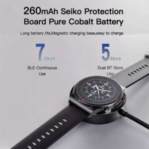 Yesido smart watch resting on a magnetic charging base, highlighting a 260mAh Seiko protection board pure cobalt battery and long battery life.