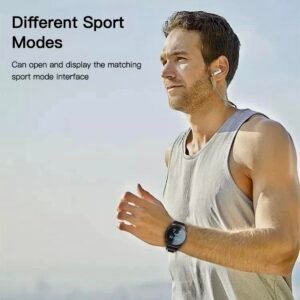 A man jogging outdoors wearing a black Yesido smartwatch, featuring different sport modes and a matching activity interface.