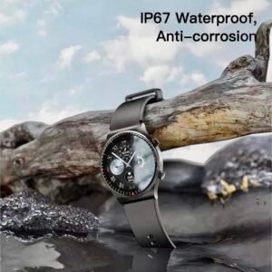 Yesido smart watch with circular face displayed on a weathered log over water, highlighting its IP67 waterproof and anti-corrosion features.