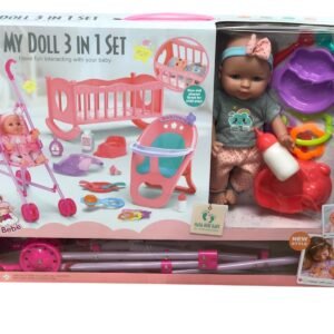 Yoora My Doll 3-in-1 play set featuring a baby doll in a cloud-print shirt, a pink toy stroller, a rocking crib, a high chair, and feeding accessories.