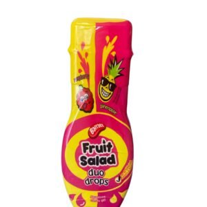 A bottle of Barratt Fruit Salad Duo Drops squeezee candy gel featuring raspberry and pineapple flavors with no artificial colors or flavors.