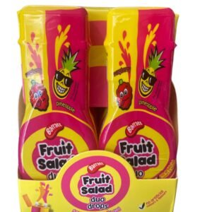 A bottle of Barratt Fruit Salad Duo Drops squeezee candy gel featuring raspberry and pineapple flavors with no artificial colors or flavors.