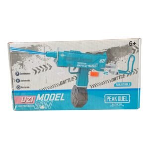 A vibrant blue and white UZI-style electric water gun with a precision nozzle and high-pressure motor for accurate long-range water shooting.