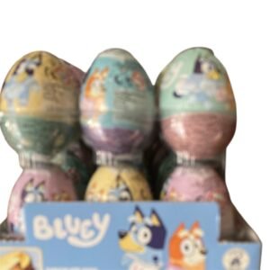 A bulk retail box containing 24 individually wrapped Bluey chocolate eggs featuring characters from the popular kids' TV show with a collectible surprise toy inside.