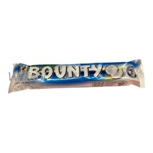 A 57g Bounty chocolate bar in its classic blue and white tropical packaging, featuring milk chocolate over a moist coconut center.