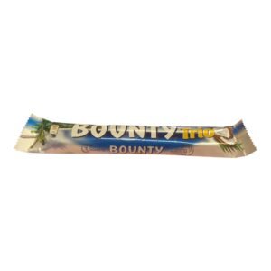 A Bounty Trio chocolate bar wrapper featuring three pieces of coconut-filled milk chocolate with a tropical palm tree background.