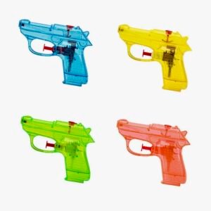 A set of four transparent mini water guns in blue, yellow, green, and orange, each featuring a red trigger and compact, kid-friendly design.