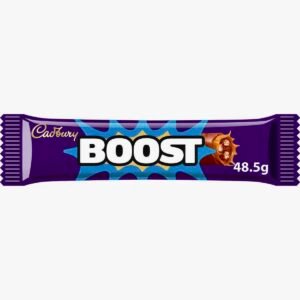 A 48.5g Cadbury Boost chocolate bar featuring smooth milk chocolate, a chewy caramel center, and crunchy biscuit pieces.