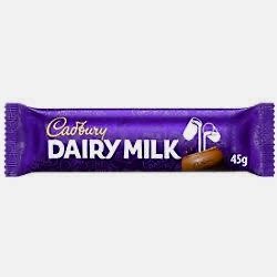 An iconic 45g Cadbury Dairy Milk chocolate bar made with fresh milk and high-quality cocoa for a smooth, creamy texture.